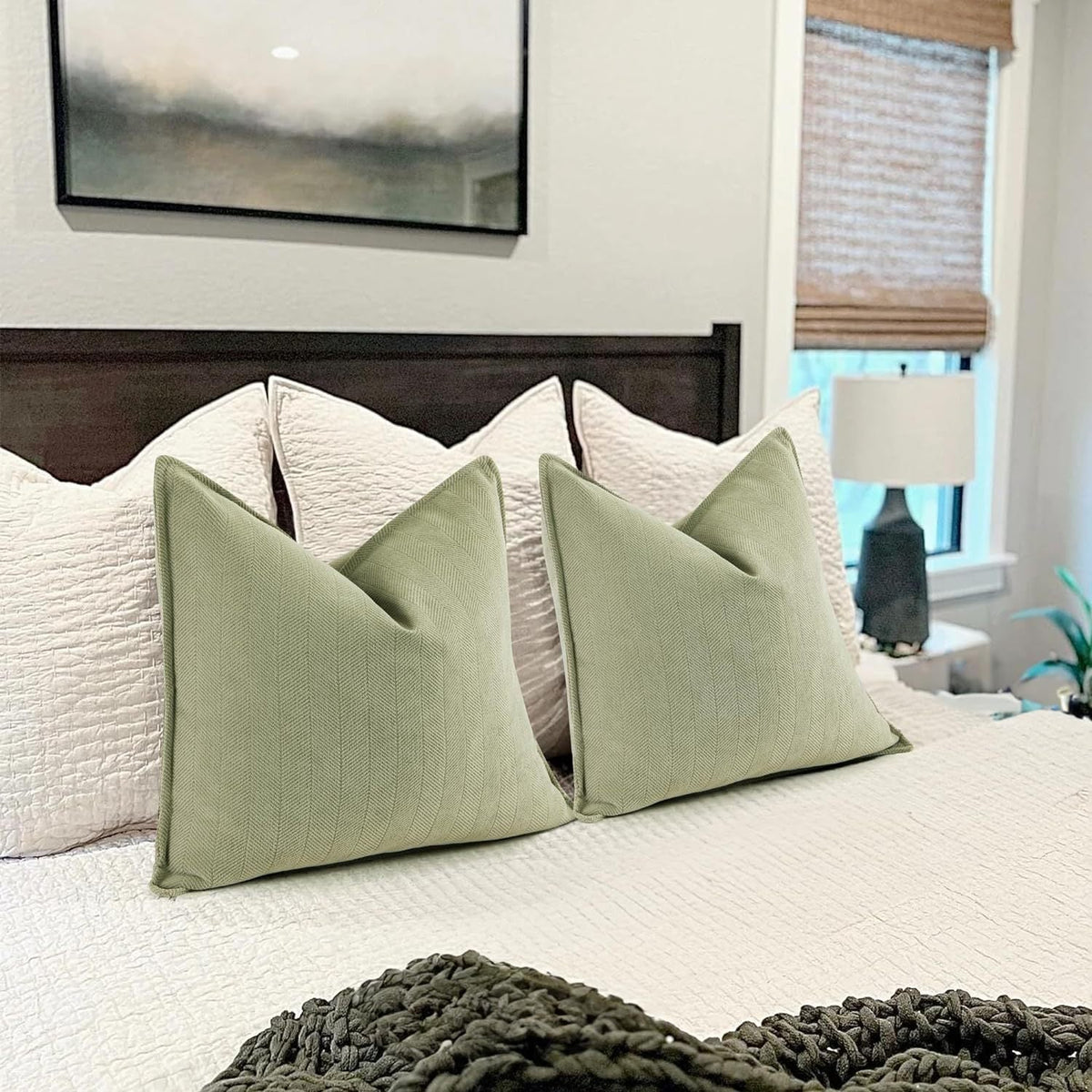 Square Pillow Cover Herringbone Texture Piped Trim Hidden Zipper