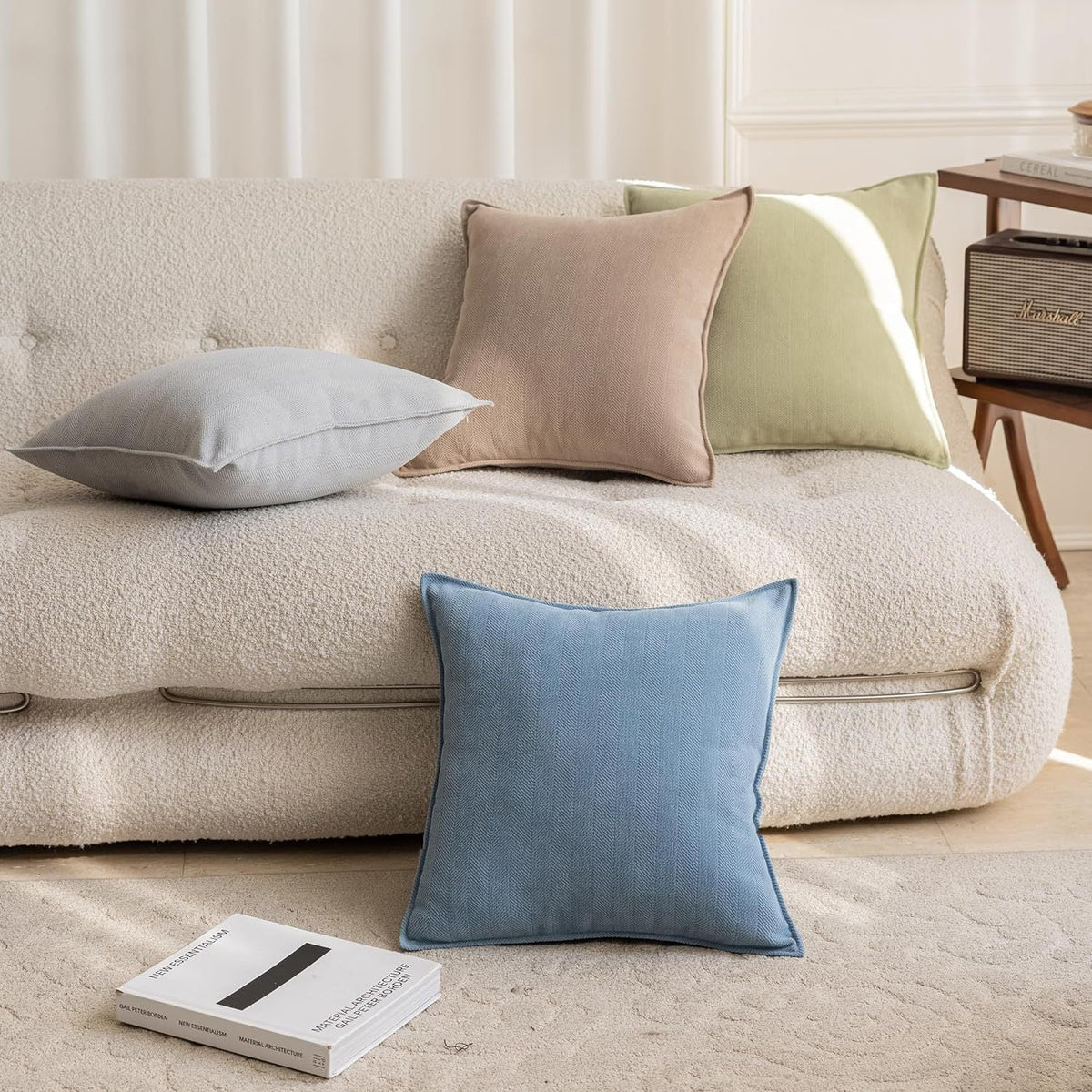 Square Pillow Cover Herringbone Texture Piped Trim Hidden Zipper