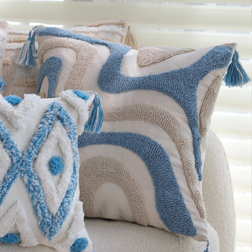 Square Pillow Cover Linen-Look Cotton Relief Tufting & Tassels
