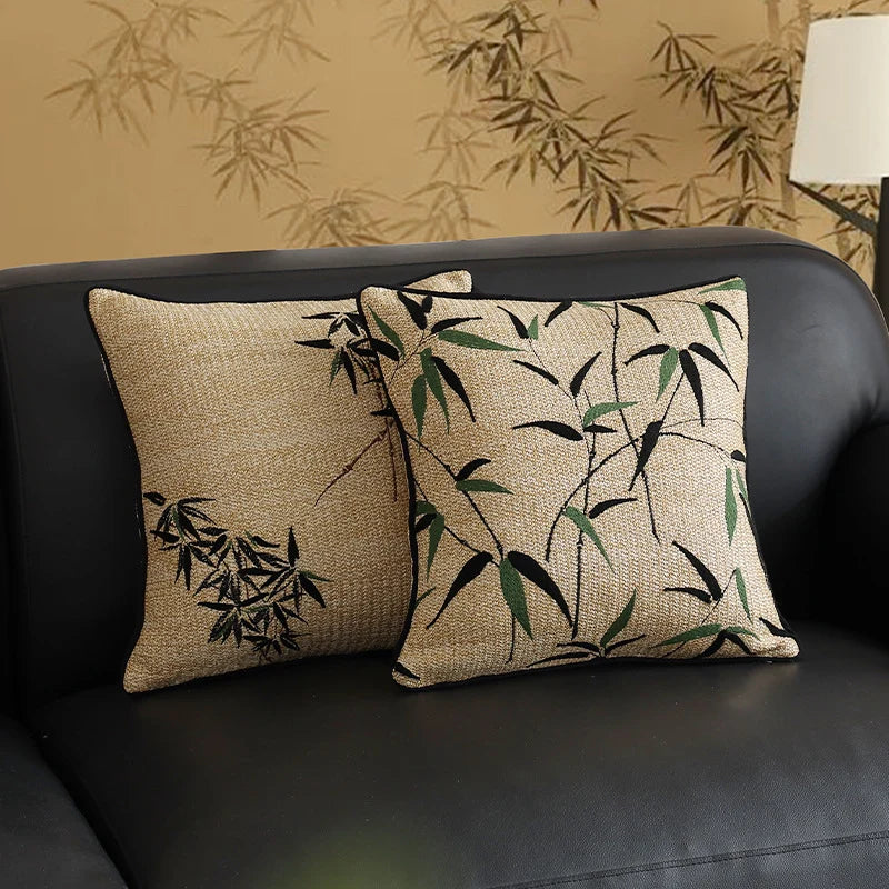 Square Pillow Cover Linen-Look Embroidered Bamboo Piped Edge 18x18
