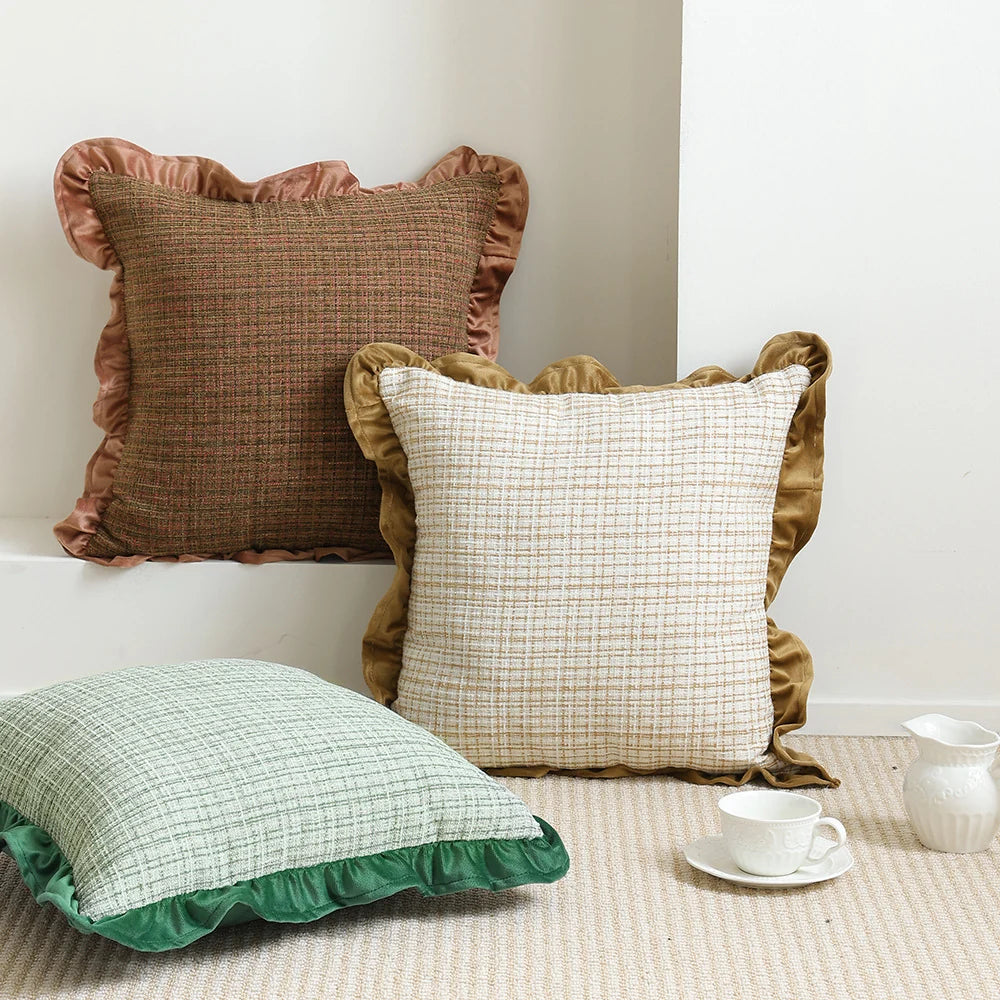 Square Pillow Cover Linen-Look Ruffled Edge Zippered 18x18
