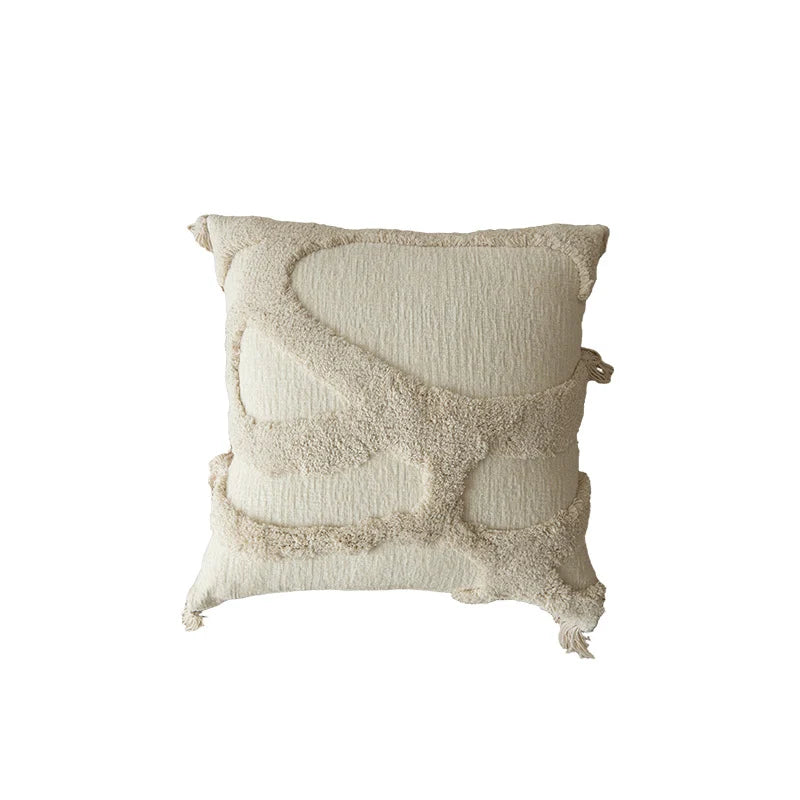 Square Pillow Cover Raised-Loop Tufted Knotted Tassels Concealed Zipper