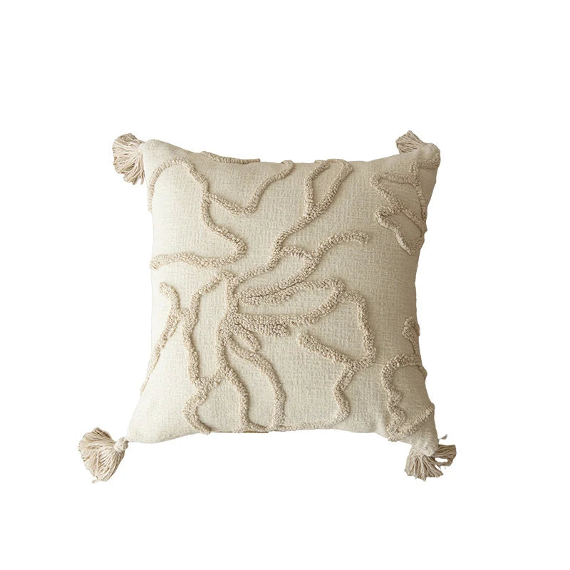 Square Pillow Cover Raised-Loop Tufted Knotted Tassels Concealed Zipper