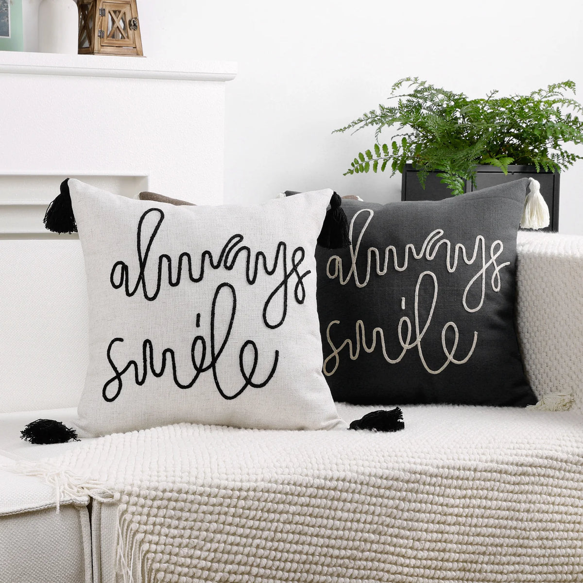 Square Pillow Cover Rope-Embroidered Linen-Blend Hidden Zipper