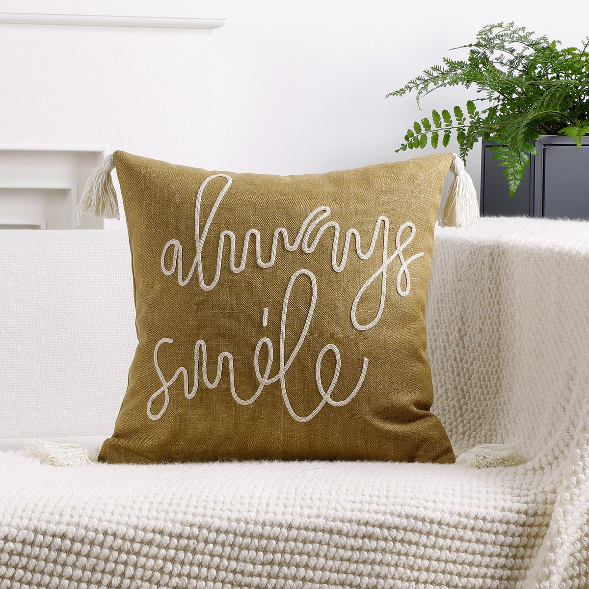Square Pillow Cover Rope-Embroidered Linen-Blend Hidden Zipper