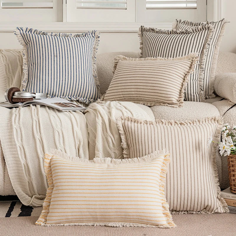 Square Pillow Cover Textured Woven Coastal Stripe