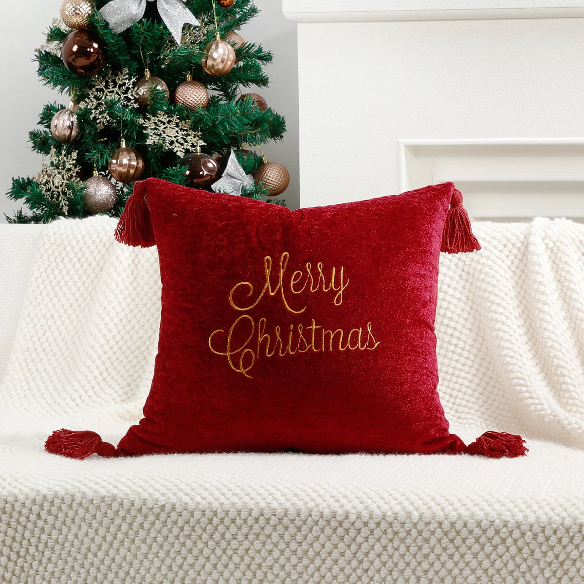 Square Pillow Cover Woven Velvet Snowflake Embroidery Tassels