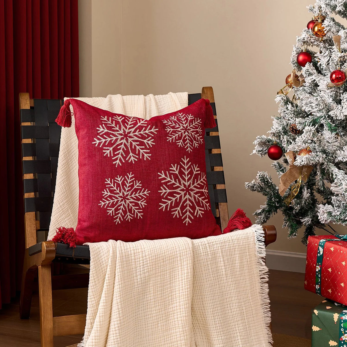 Square Pillow Cover Woven Velvet Snowflake Embroidery Tassels