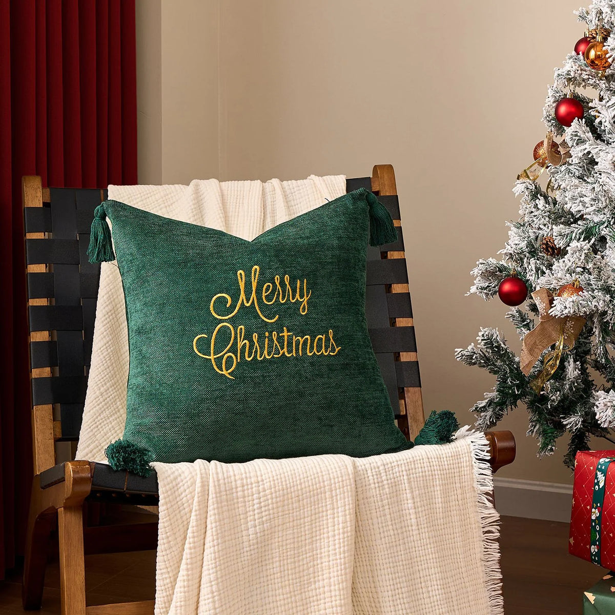 Square Pillow Cover Woven Velvet Snowflake Embroidery Tassels
