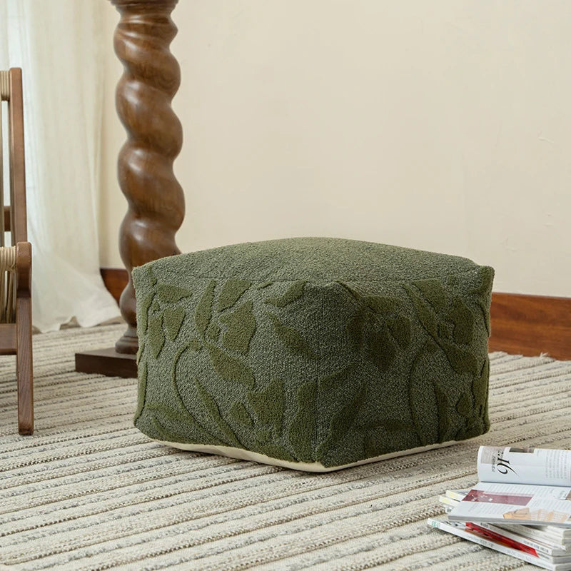 Square Pouf Boucle Floral Relief Bead Filled
