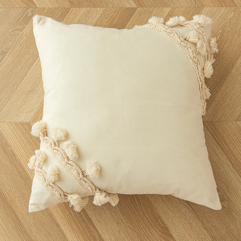 Square Throw Pillow Braided Cotton Trim & Pom-Pom Tassels