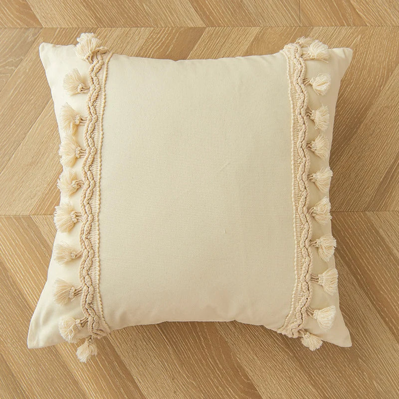 Square Throw Pillow Braided Cotton Trim & Pom-Pom Tassels