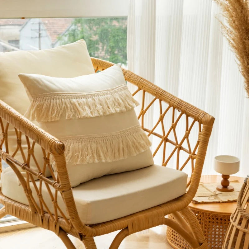 Square Throw Pillow Braided Cotton Trim & Pom-Pom Tassels