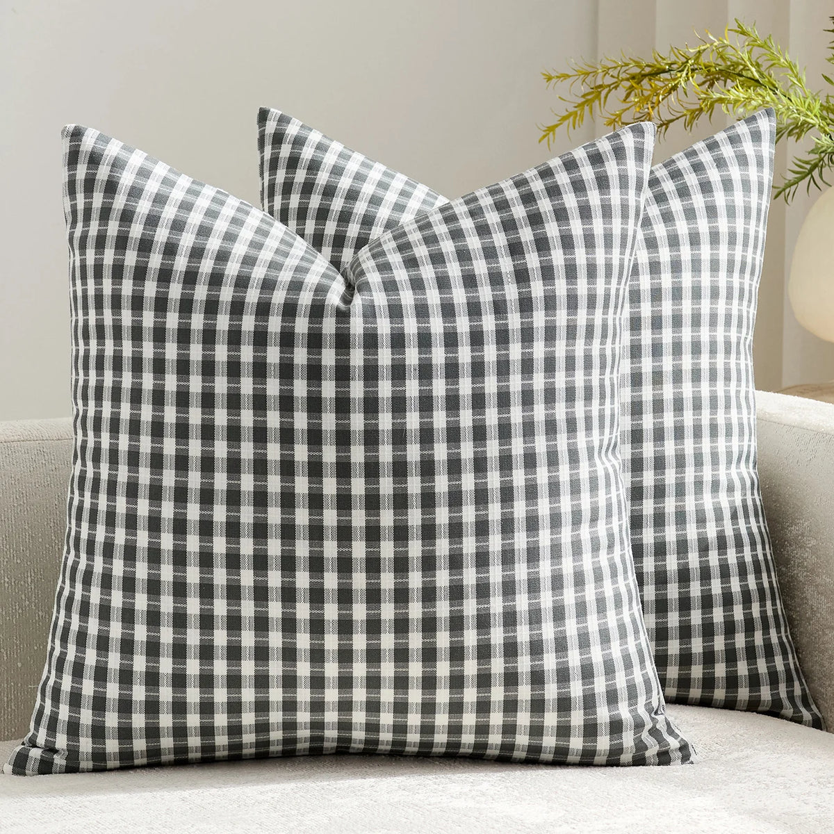 Square Throw Pillow Covers Reversible Gingham Cotton-Linen