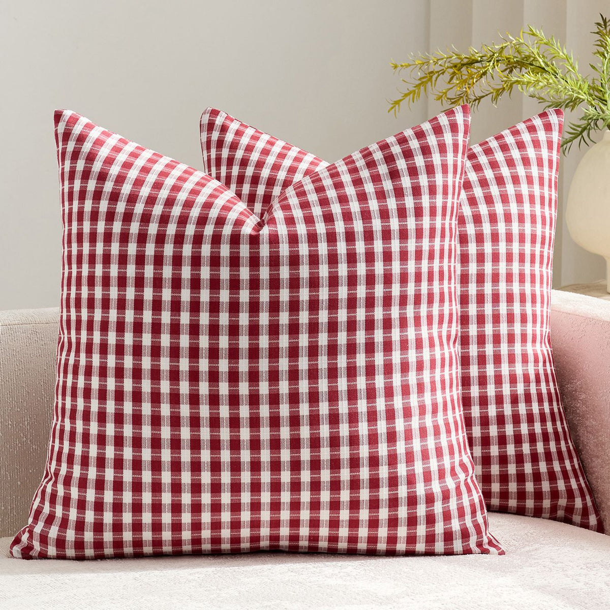 Square Throw Pillow Covers Reversible Gingham Cotton-Linen