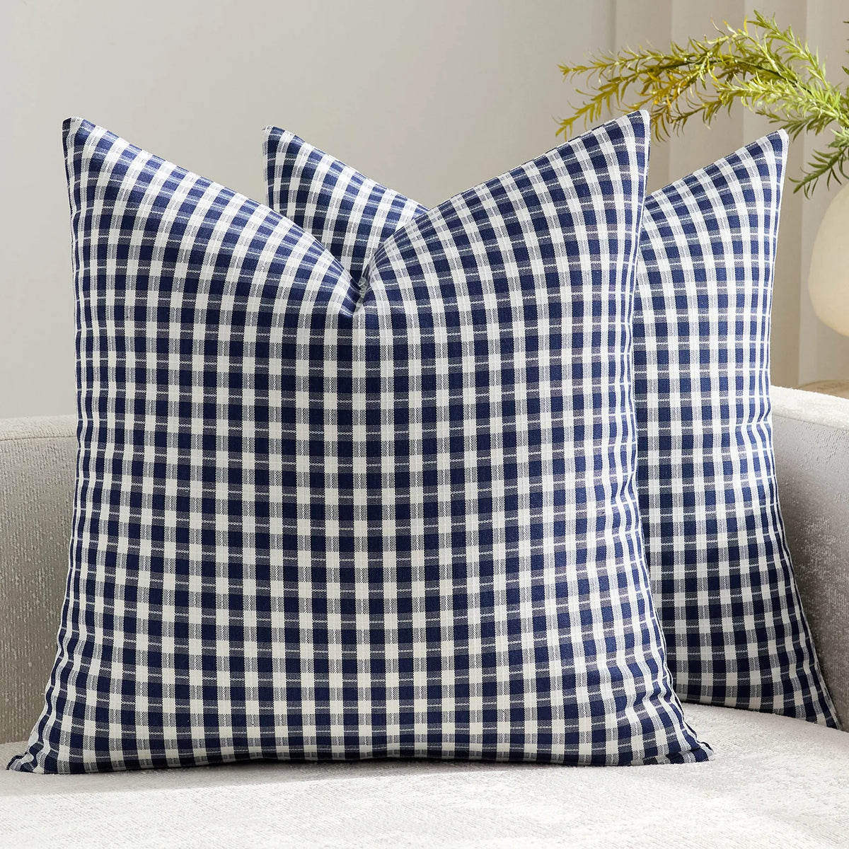 Square Throw Pillow Covers Reversible Gingham Cotton-Linen