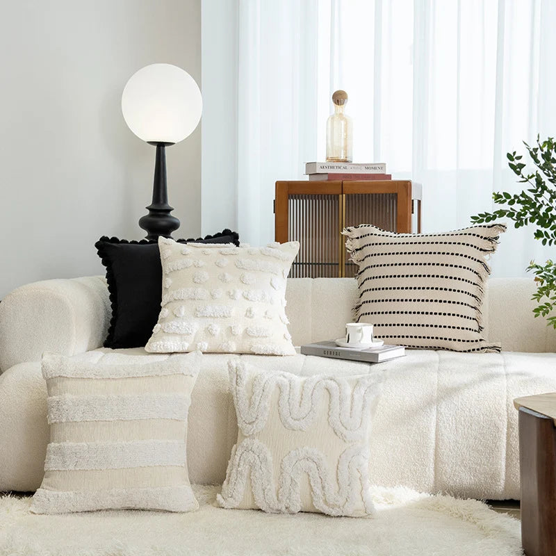 Square Throw Pillow Plush Velvet & Pom-Pom Fringe Removable Insert