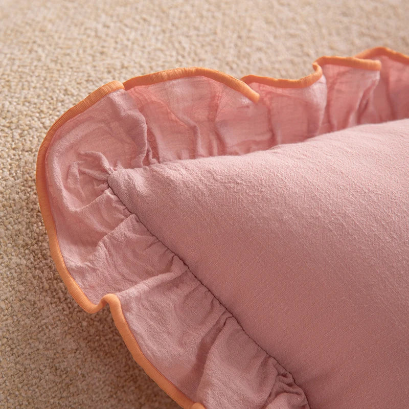 Square Throw Pillow Ruffled Edge Linen-Look Removable Cover