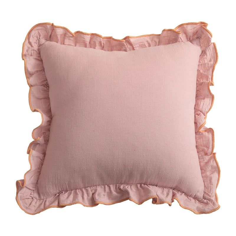 Square Throw Pillow Ruffled Edge Linen-Look Removable Cover