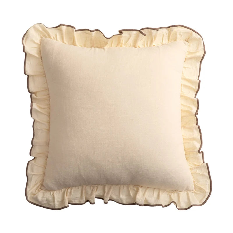 Square Throw Pillow Ruffled Edge Linen-Look Removable Cover