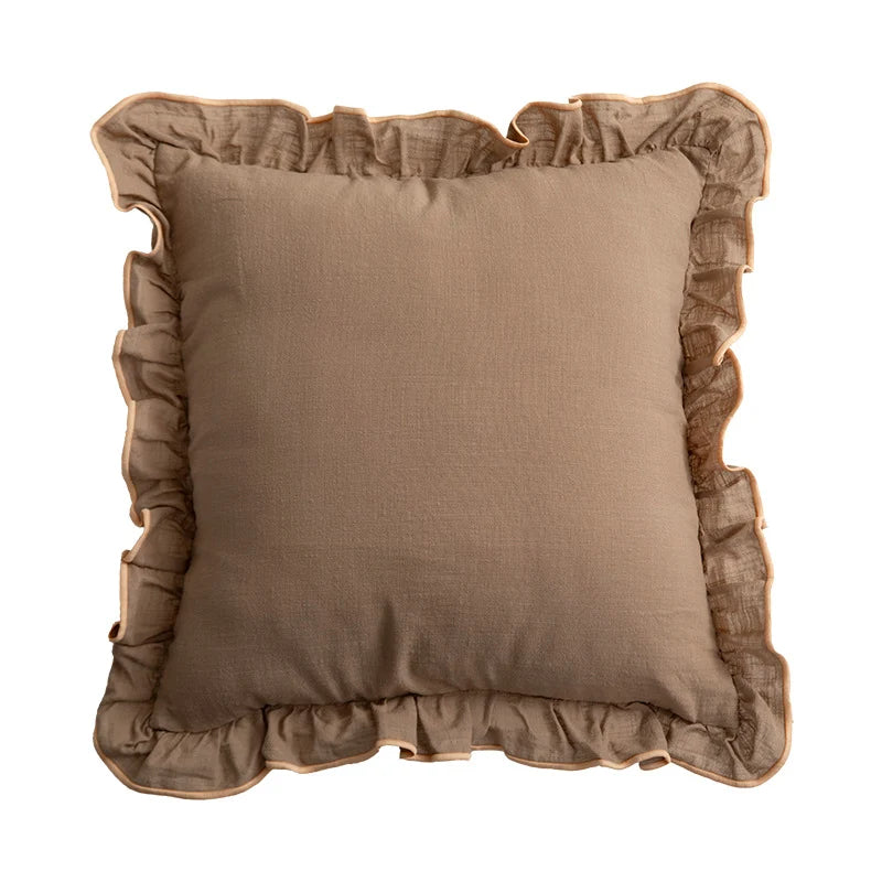 Square Throw Pillow Ruffled Edge Linen-Look Removable Cover