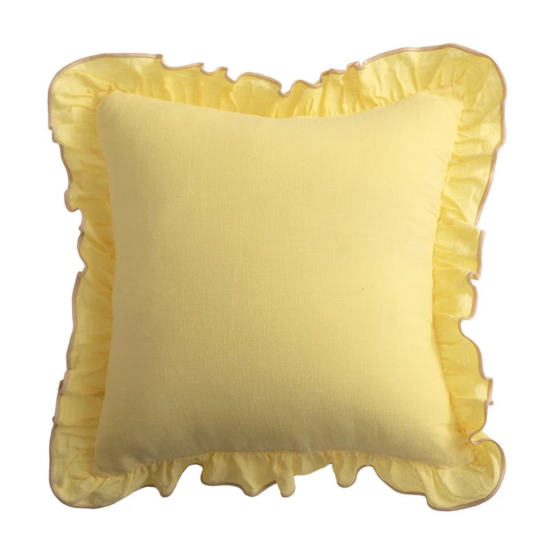 Square Throw Pillow Ruffled Edge Linen-Look Removable Cover