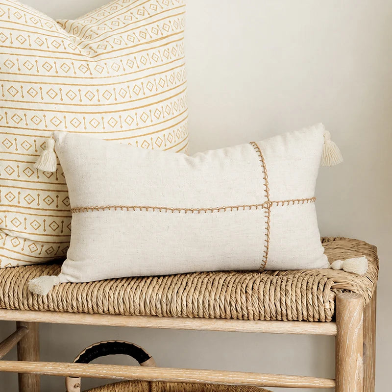 Square Throw Pillow Two-Tone Knit & Linen Removable Cover