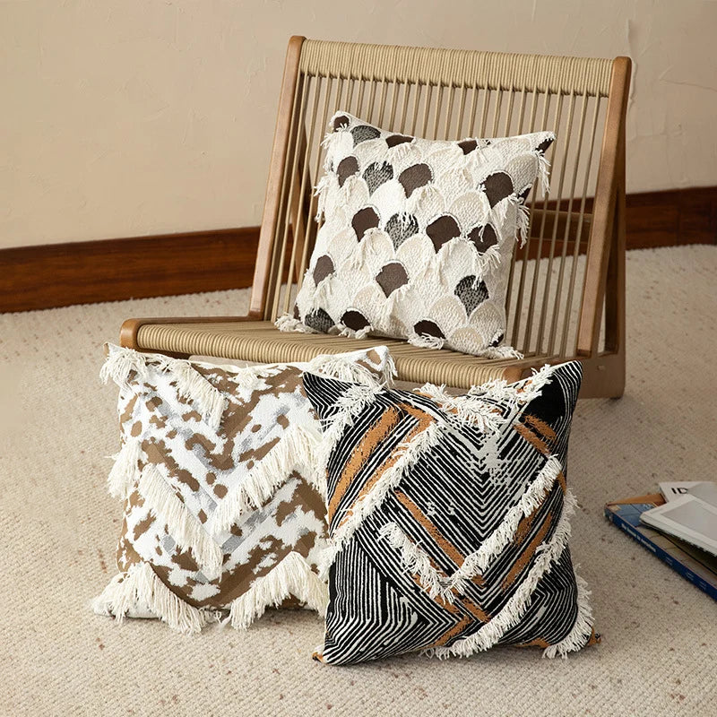 Square Throw Pillow Woven Geometric Fringe & Removable Cover