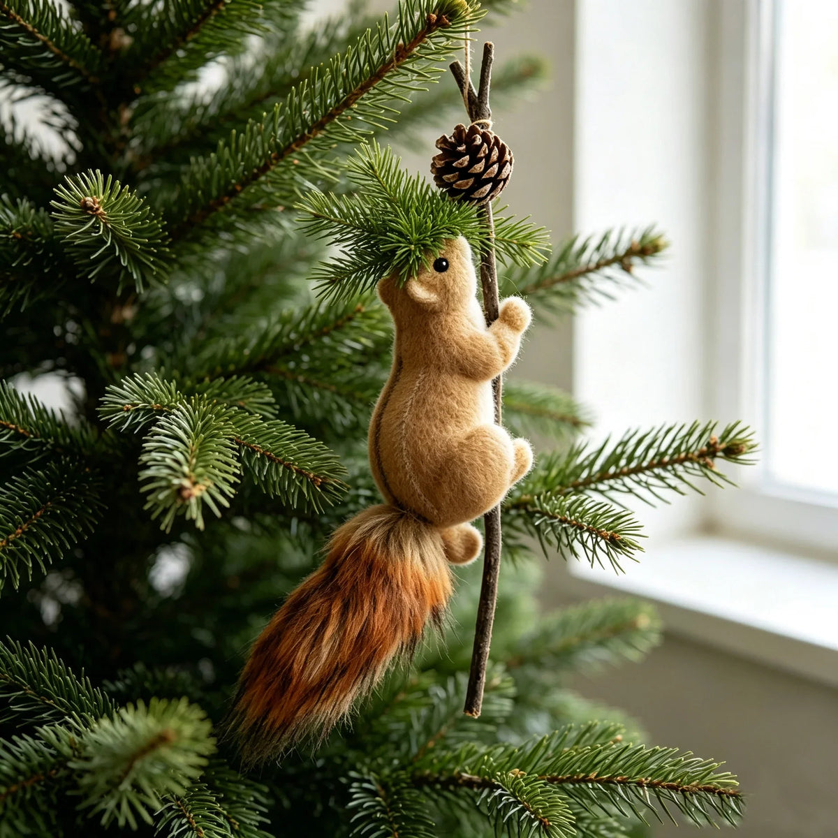 Squirrel Figurine Felt & Wood Lifelike Compact