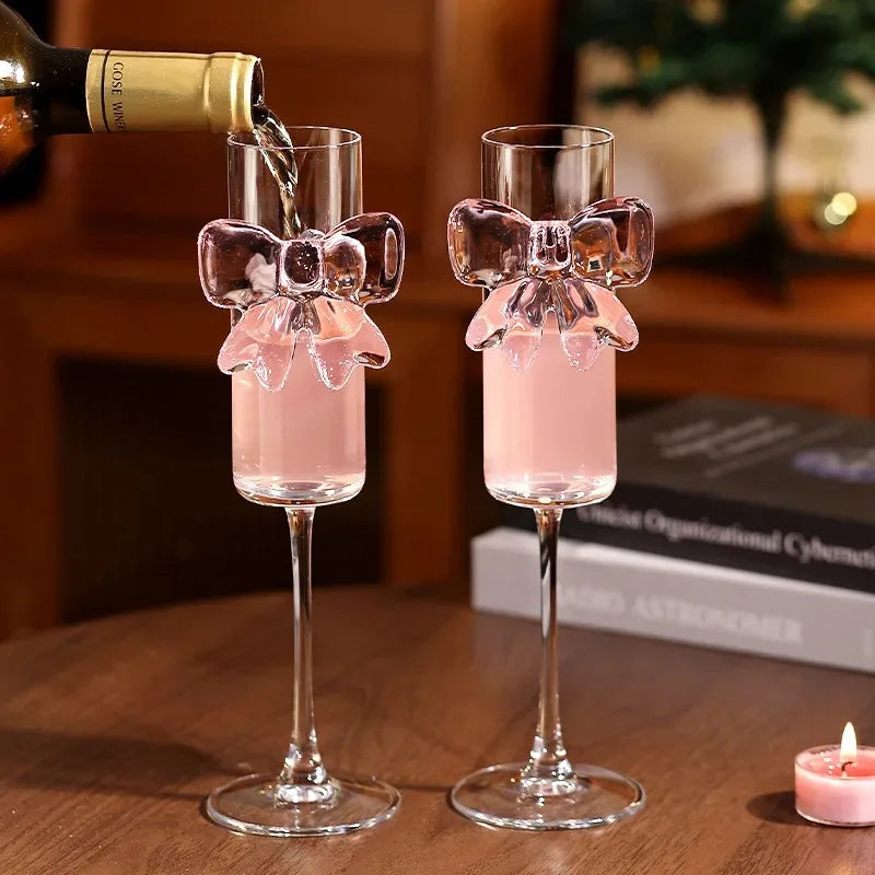 Stemmed Drinking Glass Crystal Pink Bow 5.4 Oz