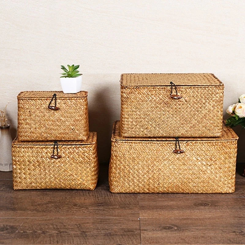 Storage Basket Handwoven Seagrass With Lid