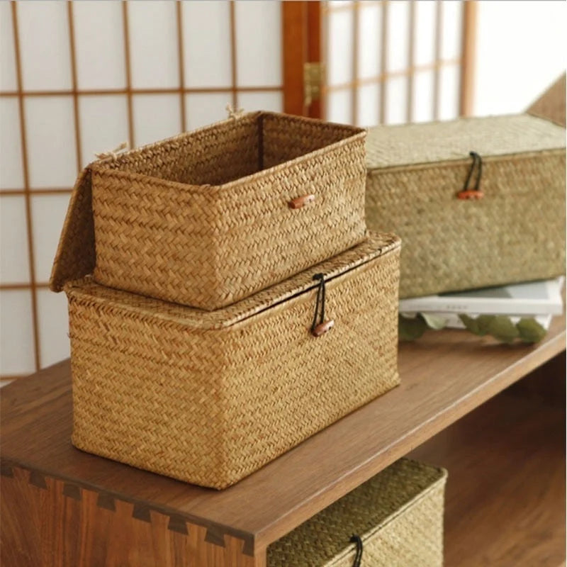 Storage Basket Handwoven Seagrass With Lid