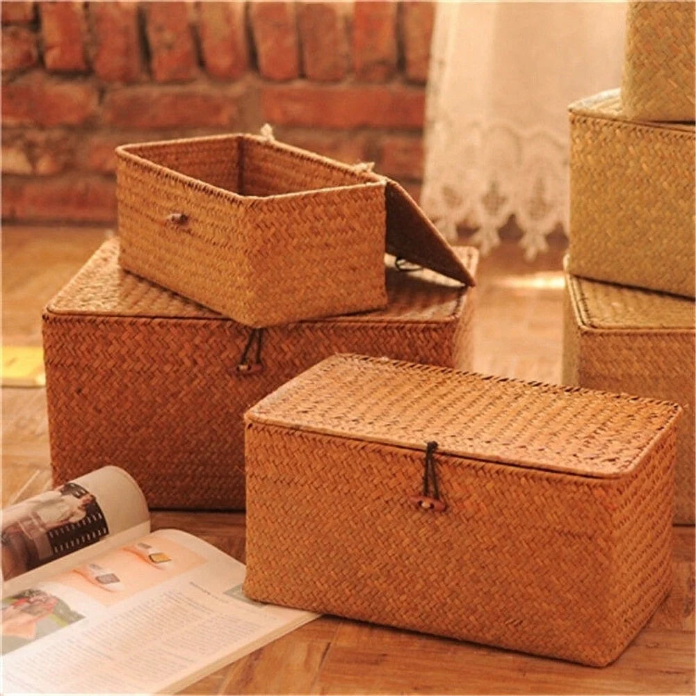 Storage Basket Handwoven Seagrass With Lid