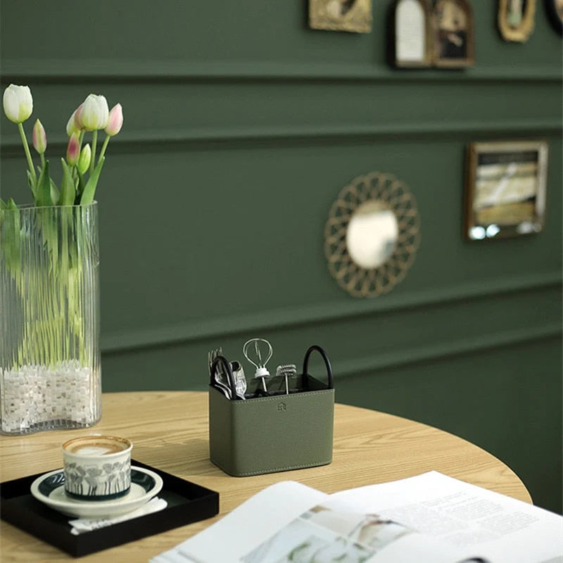 Storage Basket PU Leather Iron Frame With Handles