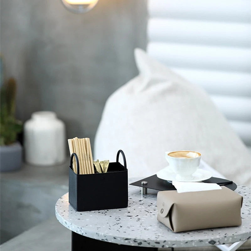 Storage Basket PU Leather Iron Frame With Handles