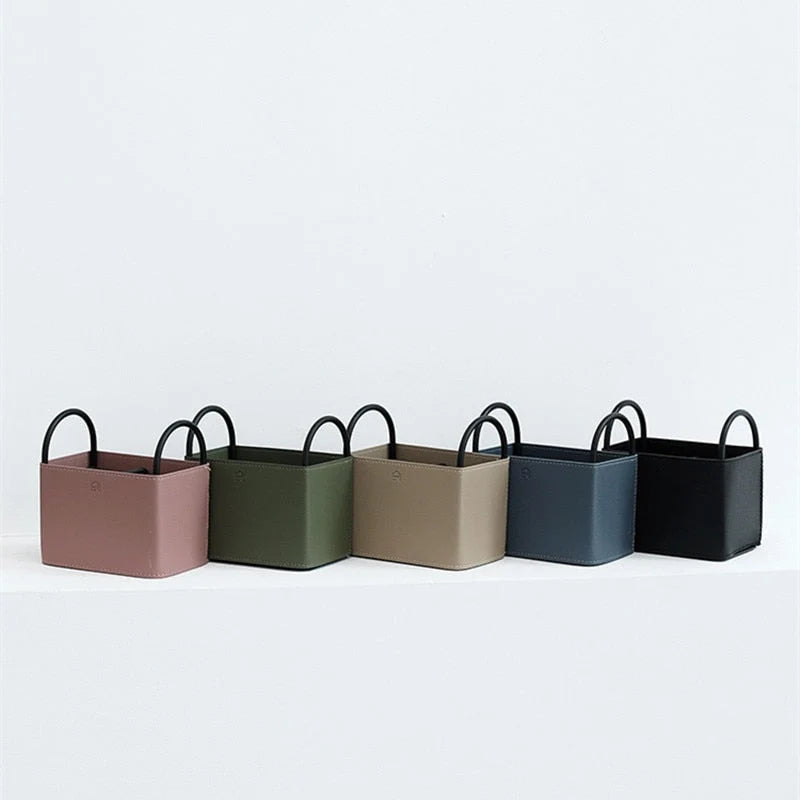 Storage Basket PU Leather Iron Frame With Handles