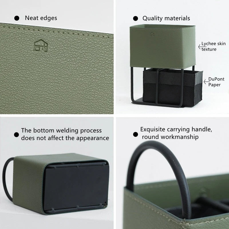 Storage Basket PU Leather Iron Frame With Handles