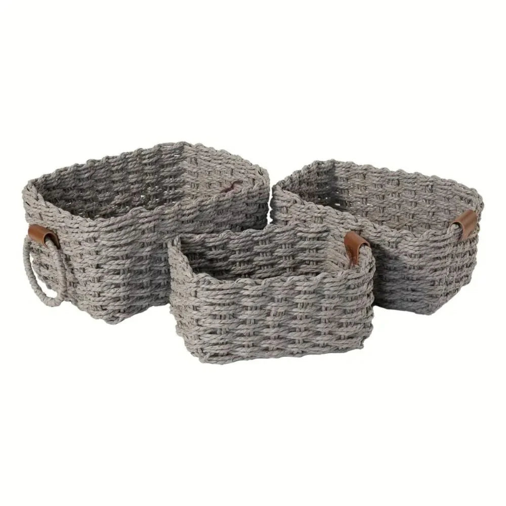 Storage Basket Set Woven Rattan Style Three Sizes With Handles