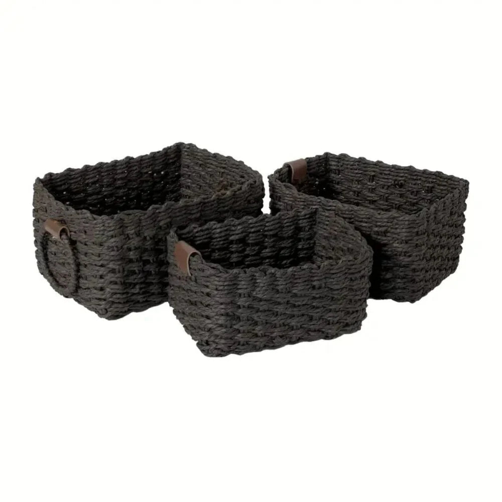 Storage Basket Set Woven Rattan Style Three Sizes With Handles