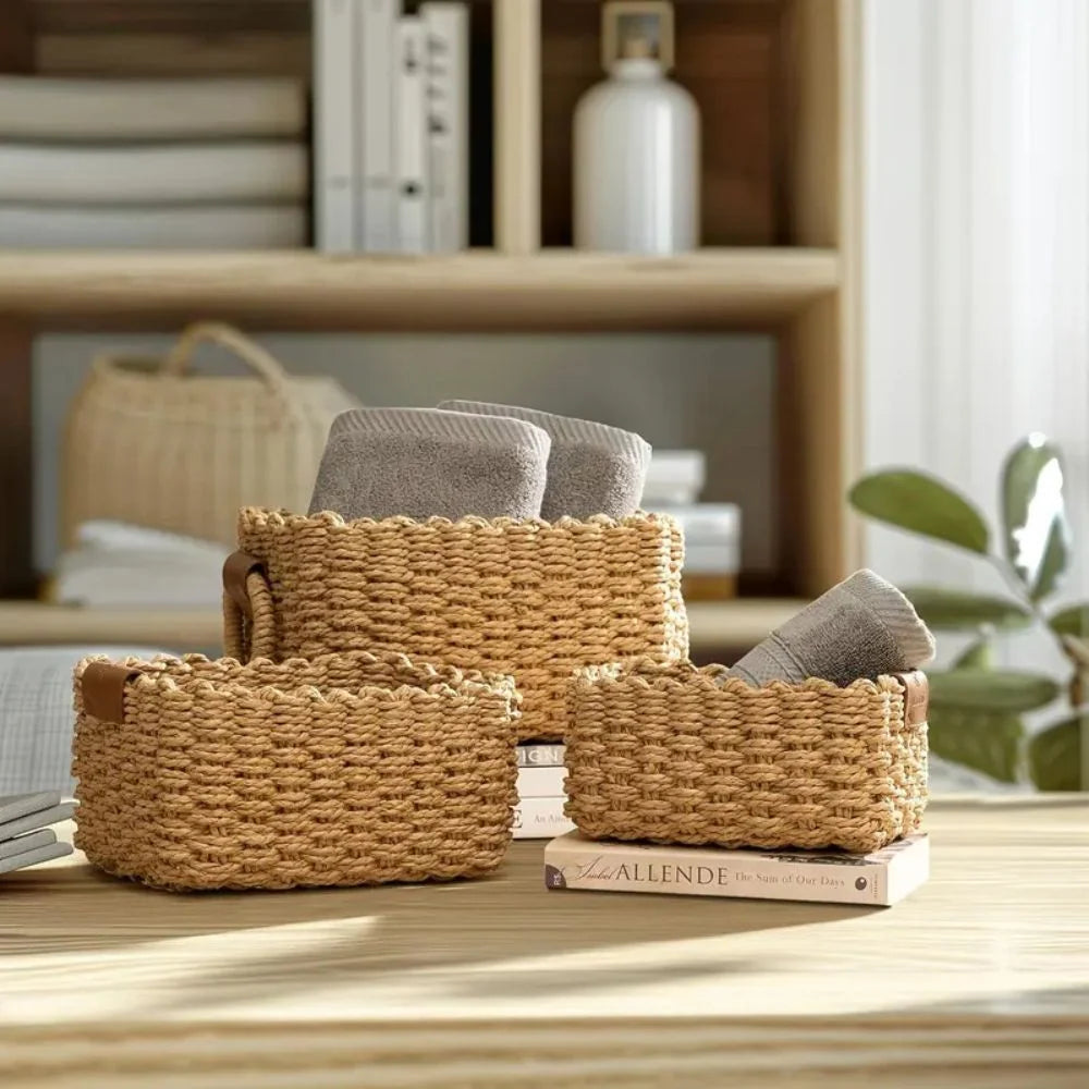 Storage Basket Set Woven Rattan Style Three Sizes With Handles