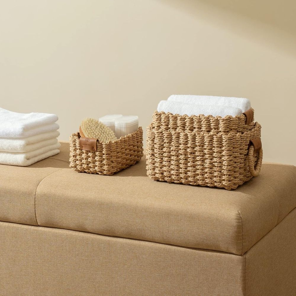 Storage Basket Set Woven Rattan Style Three Sizes With Handles