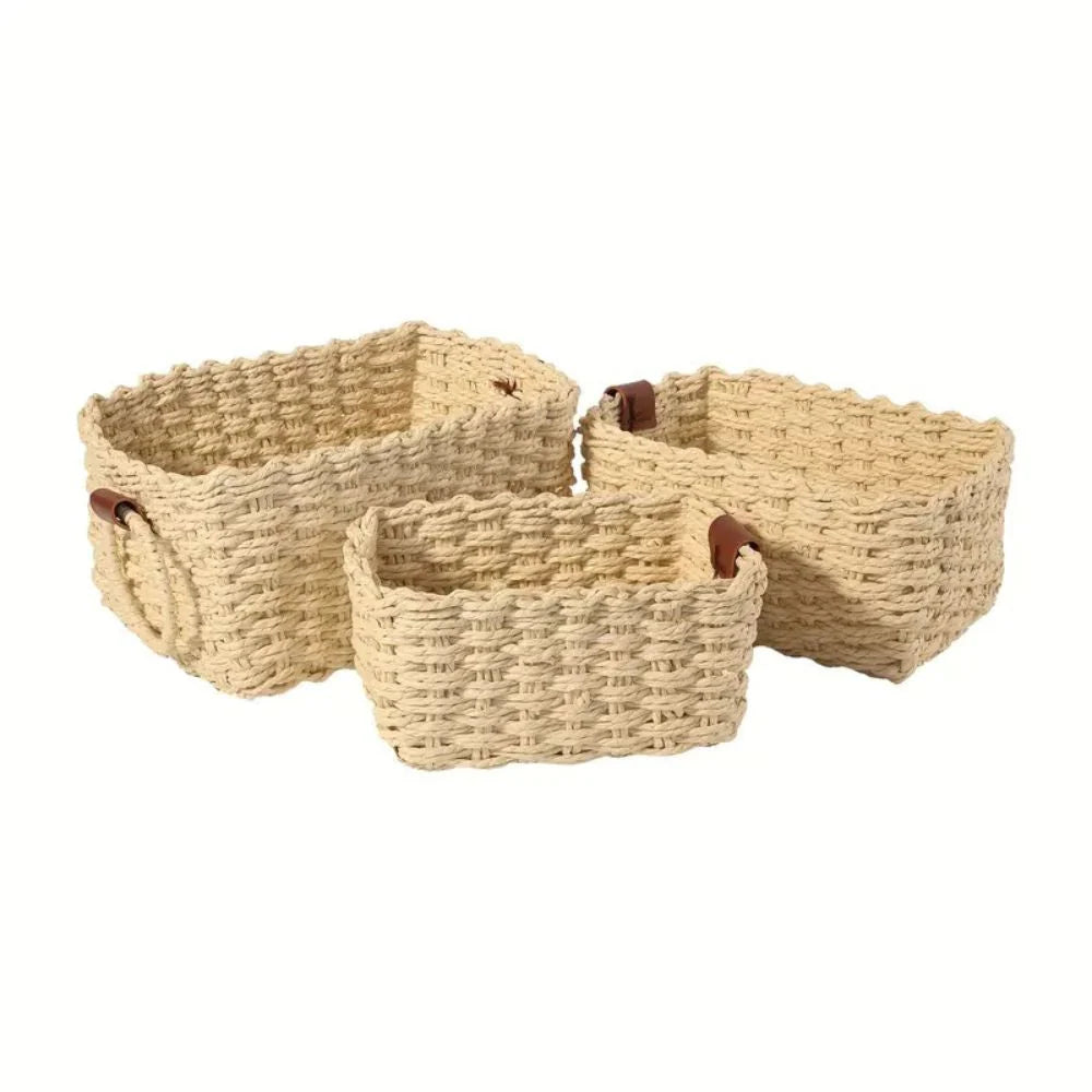 Storage Basket Set Woven Rattan Style Three Sizes With Handles