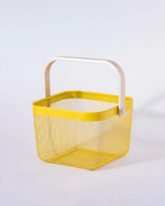 Storage Basket Square Metal Open Wire Wooden Handle