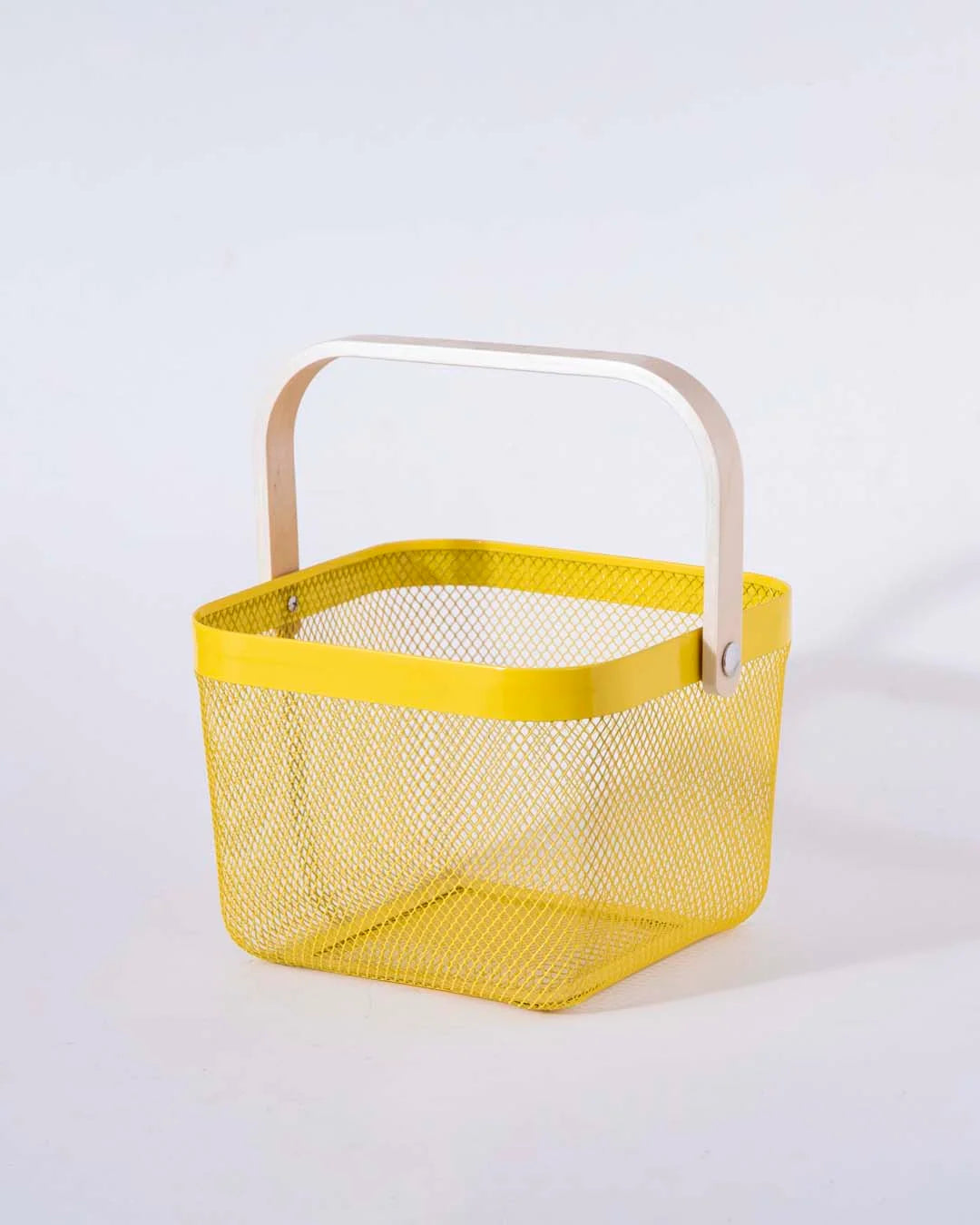 Storage Basket Square Metal Open Wire Wooden Handle