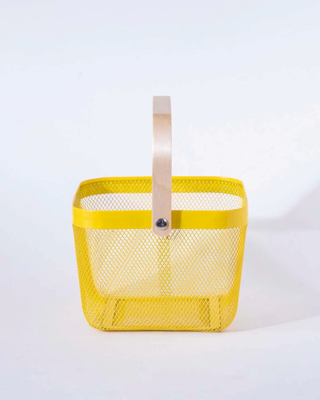 Storage Basket Square Metal Open Wire Wooden Handle