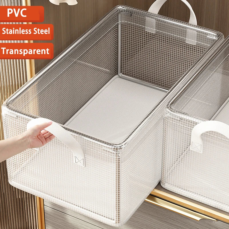 Storage Box Transparent Foldable & Stackable with Stainless Steel Frame