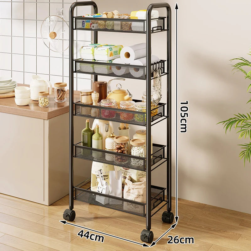 Storage Cart 3-Tier Rolling Mesh Shelves With Hooks