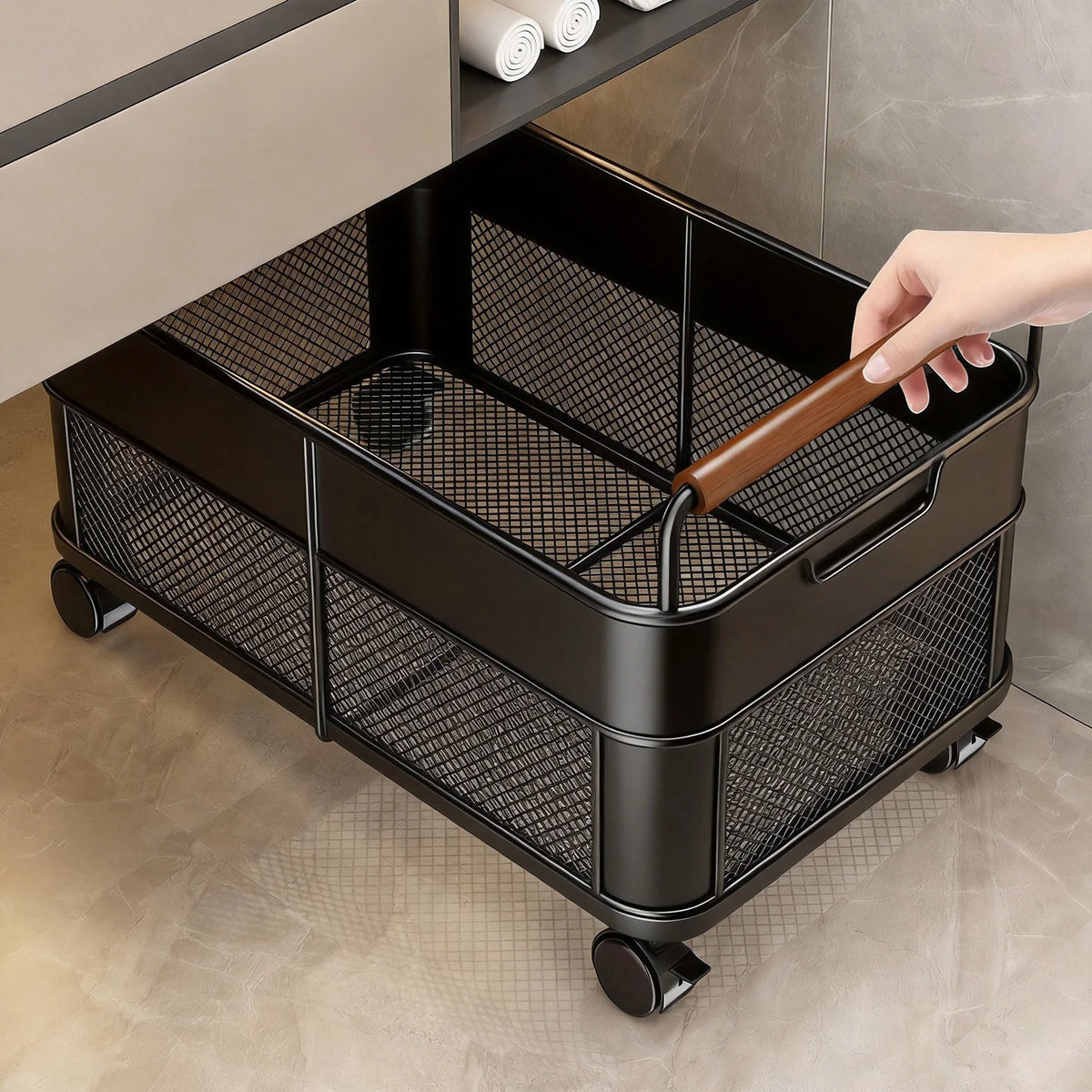 Storage Cart Open Mesh Wooden Handles With Swivel Casters