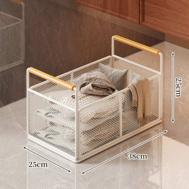 Storage Cart Open Mesh Wooden Handles With Swivel Casters