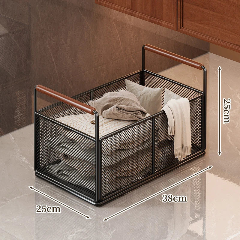 Storage Cart Open Mesh Wooden Handles With Swivel Casters
